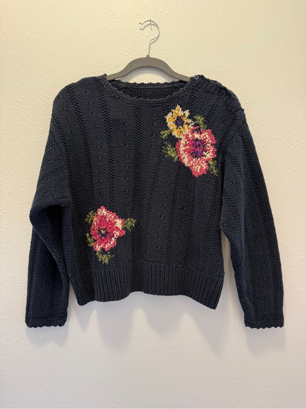Vintage 80s Grannycore Cottagecore Floral Button Knit Crewneck Sweater Navy